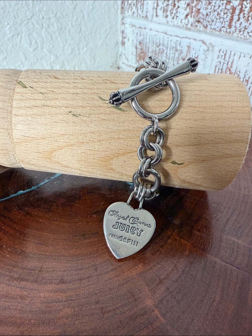 Y2K Juicy Couture Silver-Tone Heart Charm Toggle Bracelet